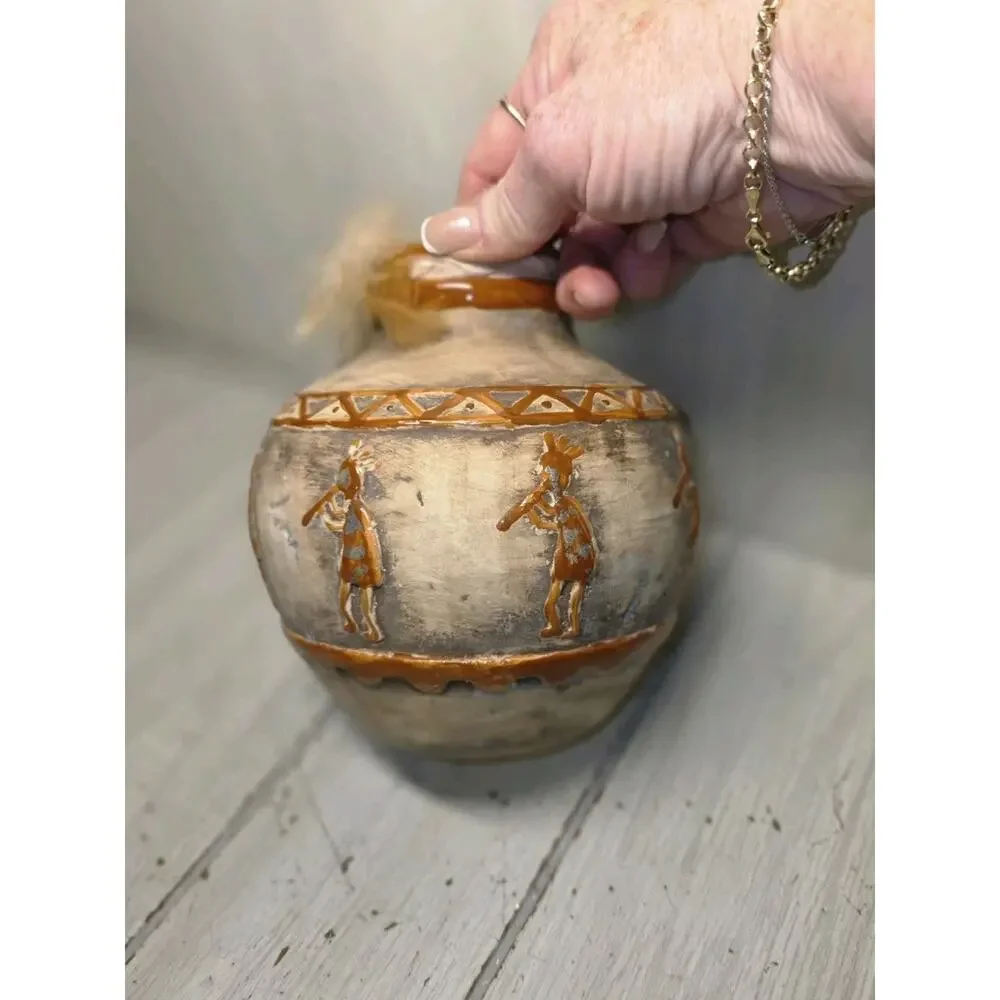 VTG 2005 Kokopelli Design Native American Pottery Large Ceramic Vase Leather Tie